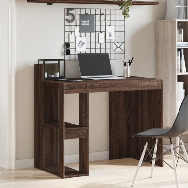 Krum Wooden Laptop Desk With 2 Shelves In Brown Oak