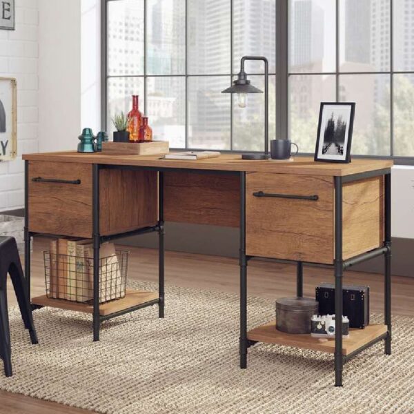 Irvine Wooden Laptop Desk With 2 Drawers In Checked Oak